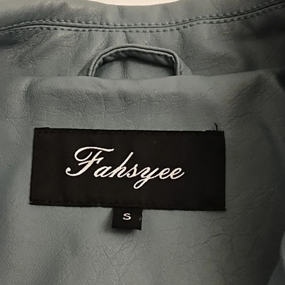 Blue Faux Leather Bomber Moto Jacket Small Silver Hardware - Picture 8 of 11